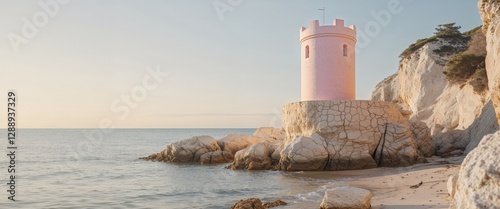 Pastel Color Stone Tower Balance by the Seashore with Golden Sunlight photo