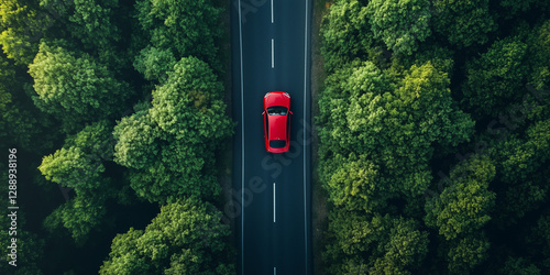Top view of a red car driving dark green forest road. Aerial view