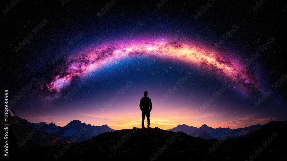Fototapeta premium Silhouette of person gazing at starry night sky over mountain range