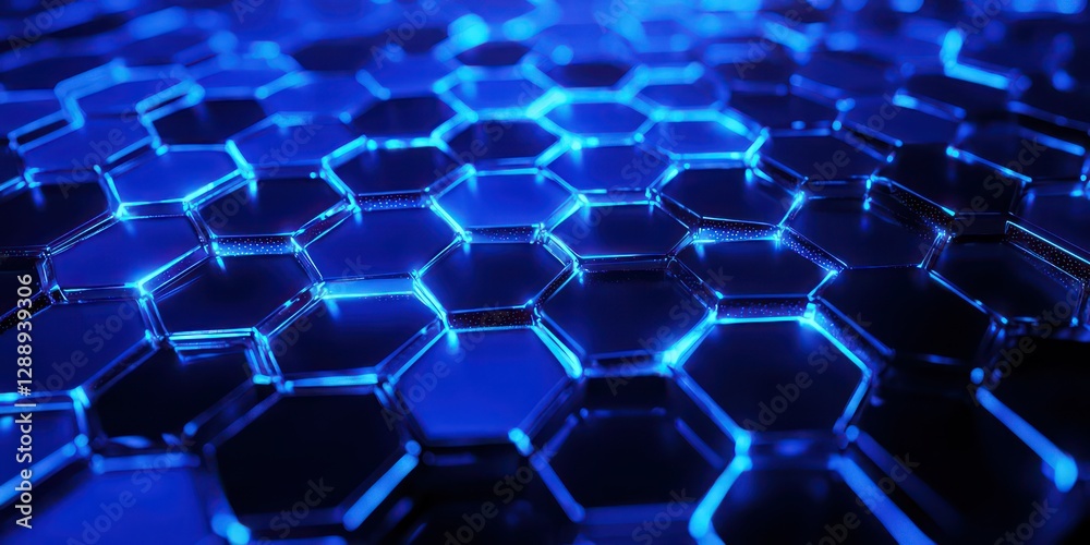 A hexagonal honeycomb structure glowing with vibrant blue light