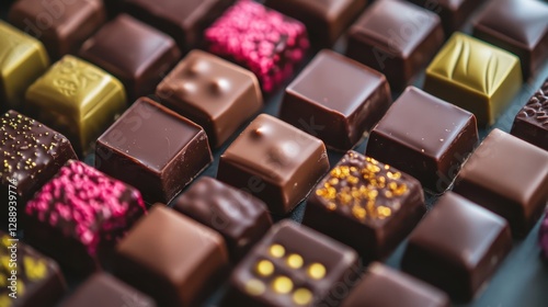 A tempting arrangement of various square chocolates in different shades 