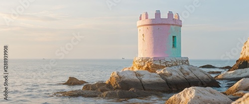 Pastel Color Stone Tower Balance by the Seashore with Golden Sunlight. photo