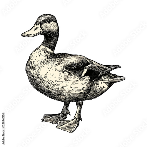 Hand-drawn duck in black sketch effect, trendy bird art, vintage illustration, old engraving style, wildlife print, nature art, rustic home decor, wildlife design.