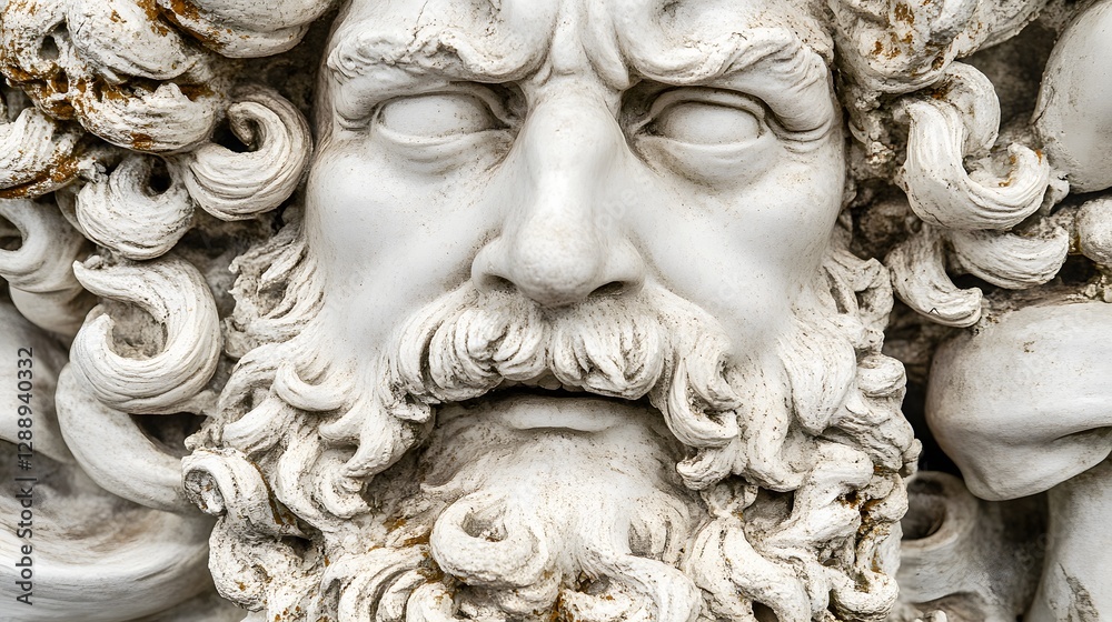 Intricate Marble Sculpture Displaying a Detailed Face with Expression and Textured Beard Intricate Marble Sculpture Displaying a Detailed Face with Expression and Textured Beard