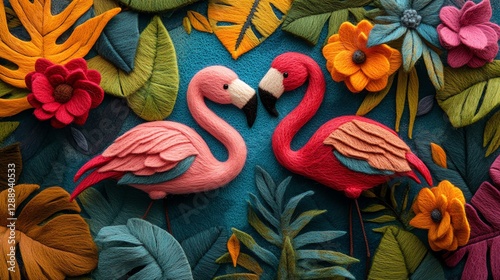 Two Flamingos in Tropical Setting with Colorful Embroidered Flowers and Leaves