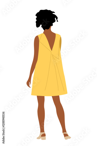 Beautiful black Woman in fashion dress for evening or cocktail party, event. Pretty african american girl wearing back view. Flat vector realistic illustration isolated 