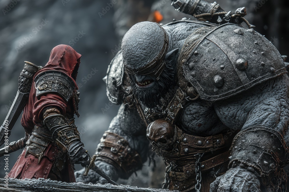 Epic fantasy battle scene: a lone warrior confronts a massive, armored ogre. Epic fantasy battle scene: a lone warrior confronts a massive, armored ogre.