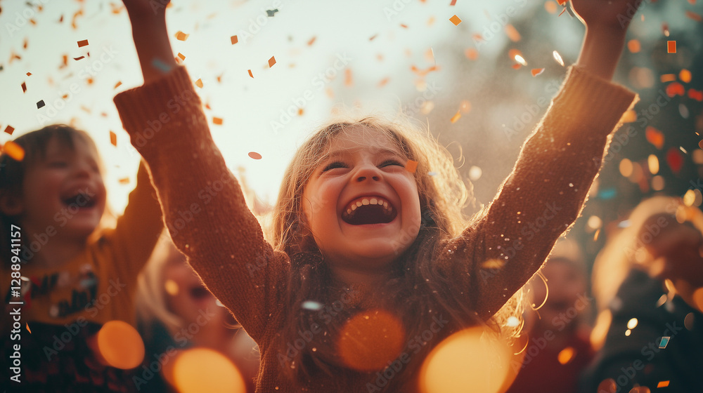 Obraz premium A dreamy, slow-motion effect of confetti raining down on a group of laughing kids at a birthday party, highlighting pure joy and excitement.