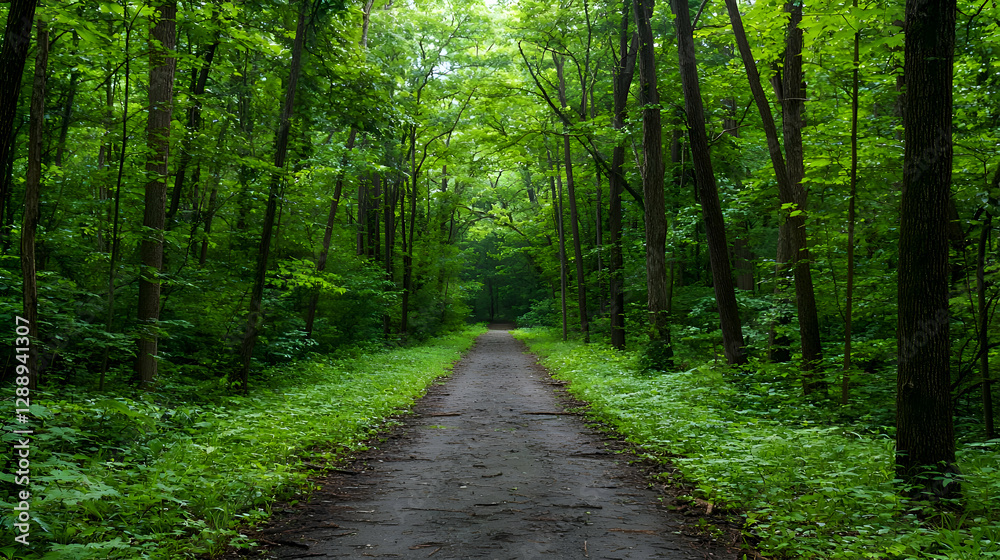 Fototapeta premium Lush Green Forest Path Sunlight Through Canopy