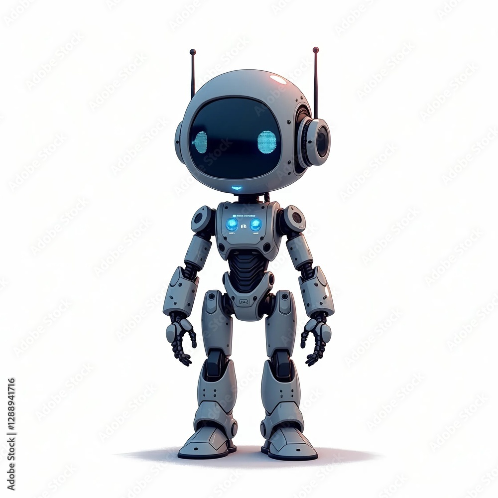 A robot stands confidently against a clean white background, showcasing its sleek design and modern features. A robot stands confidently against a clean white background, showcasing its sleek design and modern features.