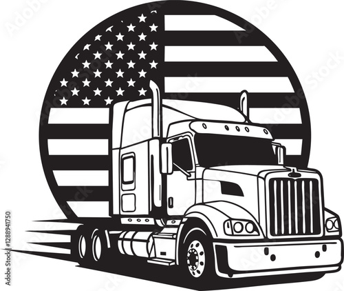  American Truck Vector Illustration: Outline Design with USA Flag Background