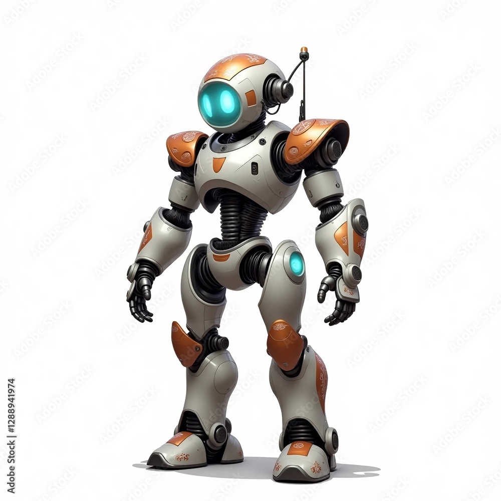 A robot stands confidently against a clean white background, showcasing its sleek design and modern features. A robot stands confidently against a clean white background, showcasing its sleek design and modern features.