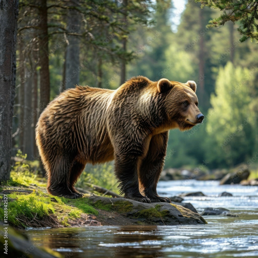 A bear standing on the bank of a river in the forest, early morning Generated AI A bear standing on the bank of a river in the forest, early morning Generated AI