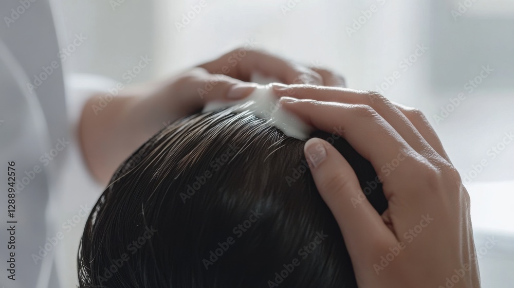 Naklejka premium Hair restoration therapy with a gentle touch in a bright clinic. Featuring rejuvenation and recovery
