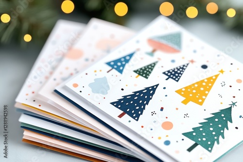 Colorful Christmas cards with festive tree designs stacked together during the holiday season celebration in a cozy setting