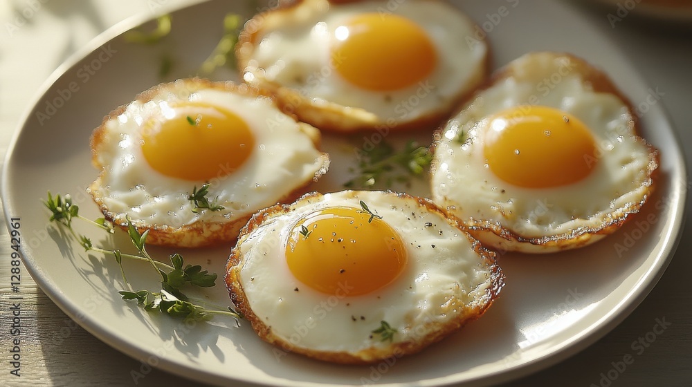 Perfectly fried eggs served on a round plate garnished with fresh herbs in a well-lit kitchen setting Perfectly fried eggs served on a round plate garnished with fresh herbs in a well-lit kitchen setting