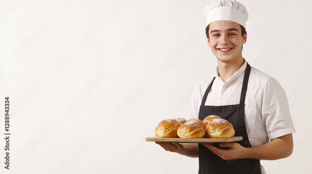Young baker proudly presenting a wooden tray filled with delicious, golden brown bread rolls, showcasing the quality and freshness of his baked goods, with space for text Young baker proudly presenting a wooden tray filled with delicious, golden brown bread rolls, showcasing the quality and freshness of his baked goods, with space for text