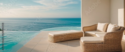 Outdoor wicker lounge set by pool with ocean view.