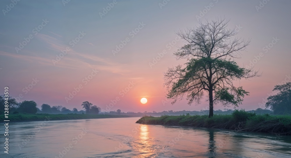 Tranquil River Landscape at Dusk with Orange Sun and Solitary Tree. Tranquil River Landscape at Dusk with Orange Sun and Solitary Tree.
