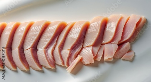 Raw Chicken Fillets Neatly Sliced from Above photo