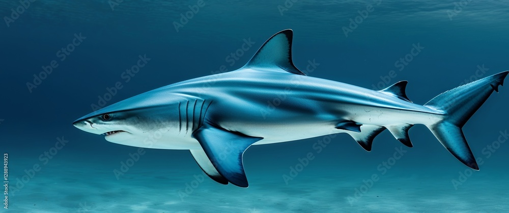 Naklejka premium Blue shark swimming gracefully underwater with a deep blue backdrop