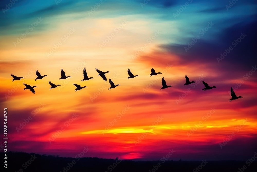 A flock of birds flies across a colorful sky at sunset, creating a silhouette effect against the backdrop of vibrant hues. A flock of birds flies across a colorful sky at sunset, creating a silhouette effect against the backdrop of vibrant hues.