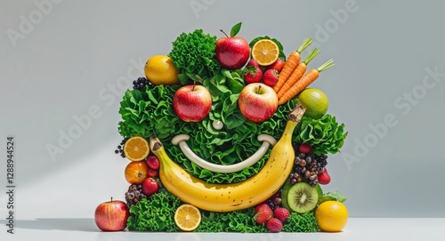 Fototapeta Naklejka Na Ścianę i Meble -  A cheerful plate of fruits and vegetables arranged as a smiley face.