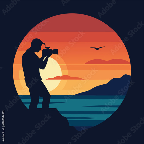 Silhouette of a photographer capturing a breathtaking sunset landscape