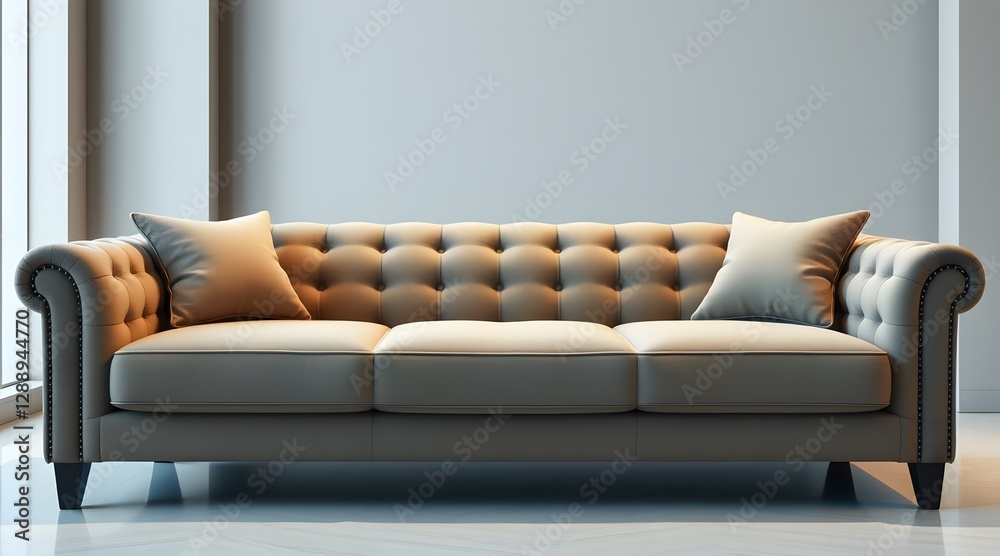 The image showcases a classic tufted sofa with elegant leather upholstery and decorative pillows, exuding a cozy and stylish atmosphere in a minimalist setting. The image showcases a classic tufted sofa with elegant leather upholstery and decorative pillows, exuding a cozy and stylish atmosphere in a minimalist setting.