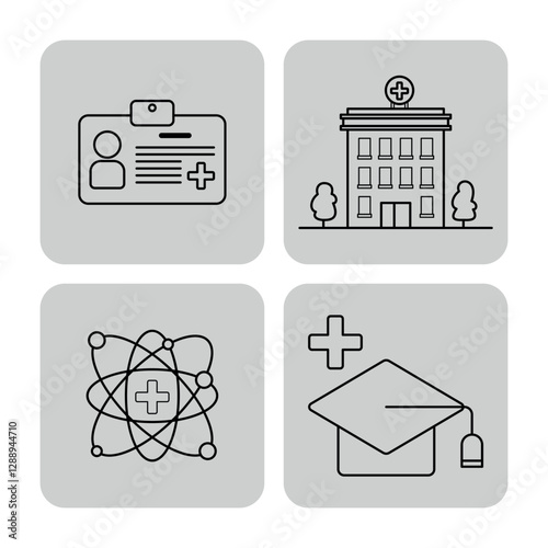 Collection of four health-related icons including health ID card, hospital building, atomic symbol representing science, and graduation cap symbolizing medical education