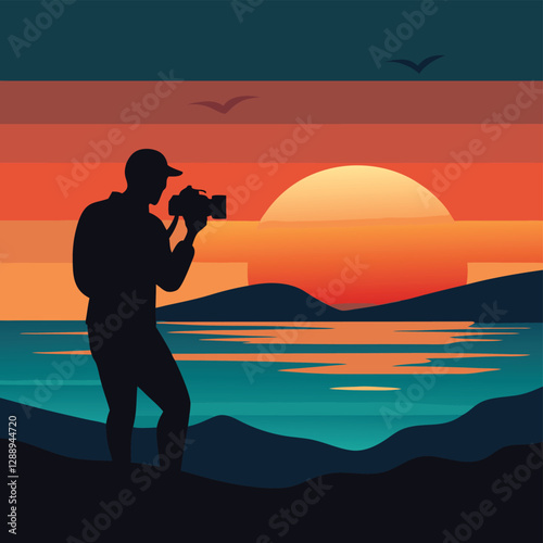 Silhouette of a photographer capturing a breathtaking sunset landscape