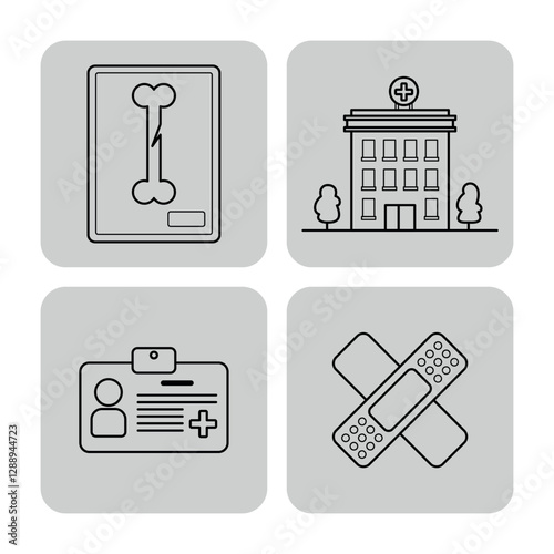 Collection of various health-related icons, including bone x-ray, hospital building, medical ID card, and bandages. Ideal for illustrating medical concepts
