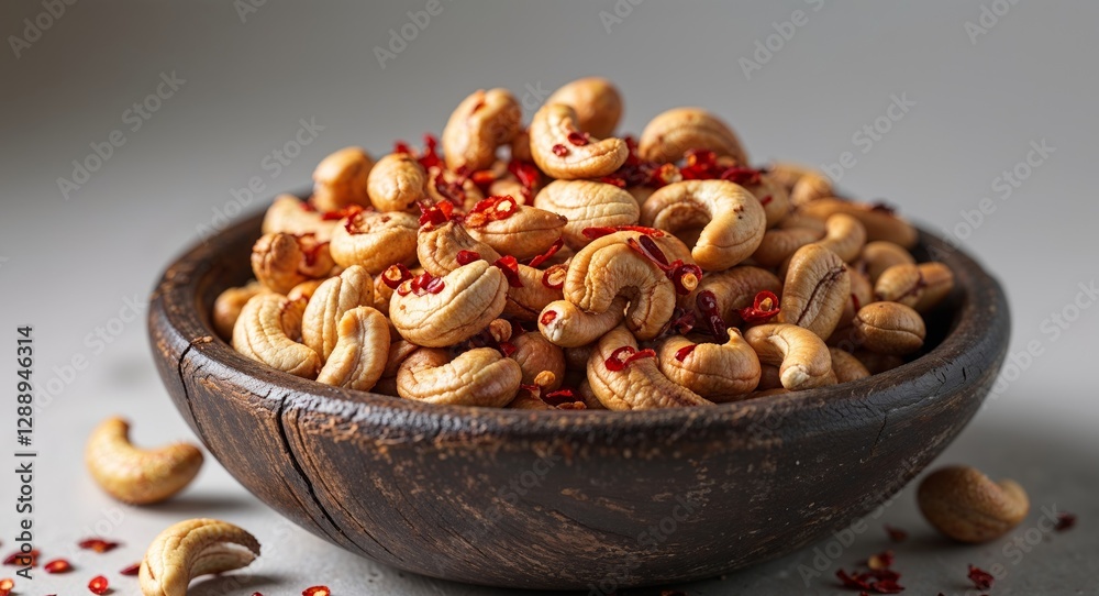 Roasted cashew nuts with chili pepper flakes in a wooden bowl Roasted cashew nuts with chili pepper flakes in a wooden bowl