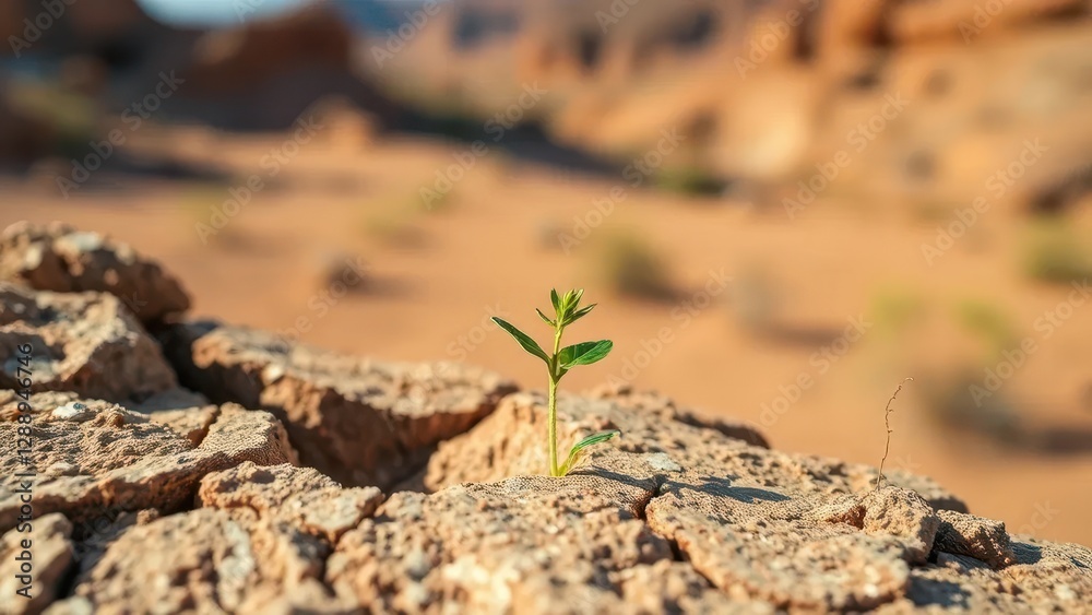 A tiny green seedling bursts forth from cracked rock in desert landscape, desert, verdant, rock A tiny green seedling bursts forth from cracked rock in desert landscape, desert, verdant, rock
