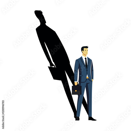 Confident businessman with a case with great potential. With a shadow bigger than him, which speaks for his future growth. Vector illustration. EPS 10