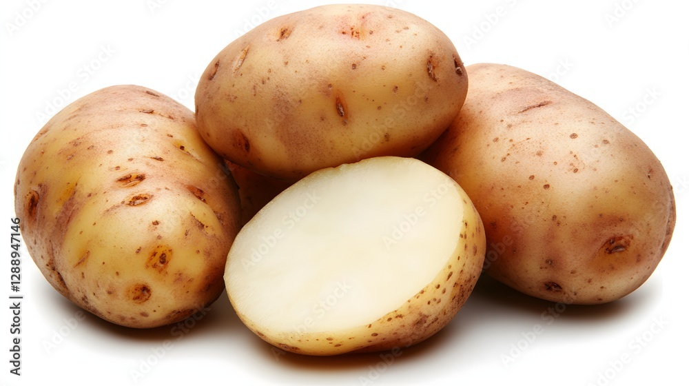 Freshly Harvested Organic Potatoes Displayed on White Background with One Halved Potato Freshly Harvested Organic Potatoes Displayed on White Background with One Halved Potato