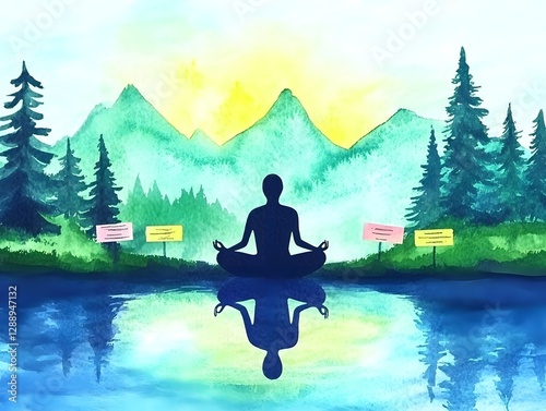 Serene Meditation by a Tranquil Lake Surrounded by Lush Mountains and Trees photo