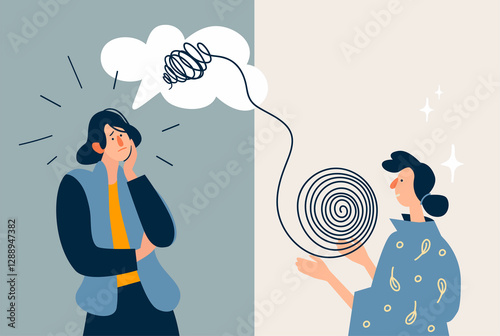 Women with mental disorder struggling with stress, depression. Mental health treatment. Psychiatrist unravels the tangle. Illustration stress management, emotional burnout.