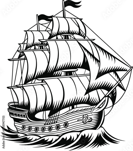 Vintage Sailing Ship Silhouette on Ocean Waves - Nautical Vector Illustration