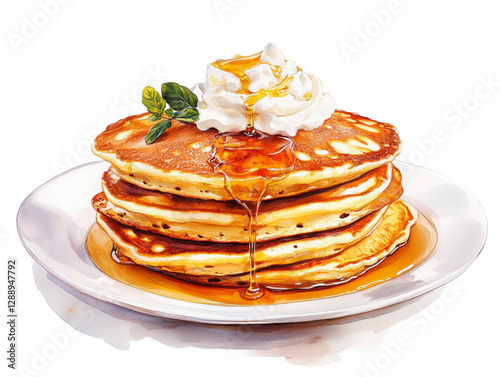  Watercolor painting of Stack of fluffy pancakes with syrup and whipped cream isolated on transparent background