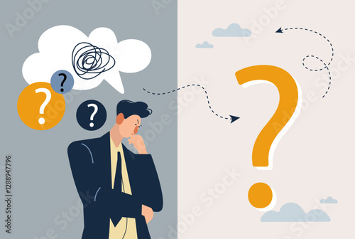 Man have a question. A young man stands in confusion. The concept of choosing a specialist, selection, decision making. Flat style vector illustration cartoon character.