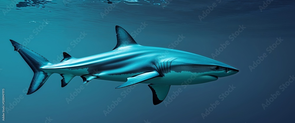 Fototapeta premium Blue shark swimming gracefully underwater with a deep blue backdrop.