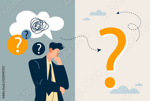 Man have a question. A young man stands in confusion. The concept of choosing a specialist, selection, decision making. Flat style illustration cartoon character.