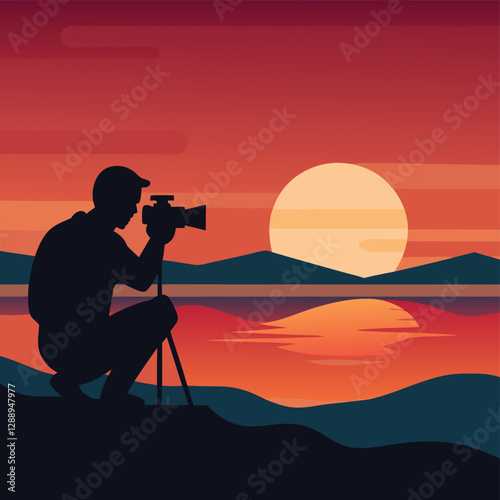 Silhouette of a photographer capturing a breathtaking sunset landscape