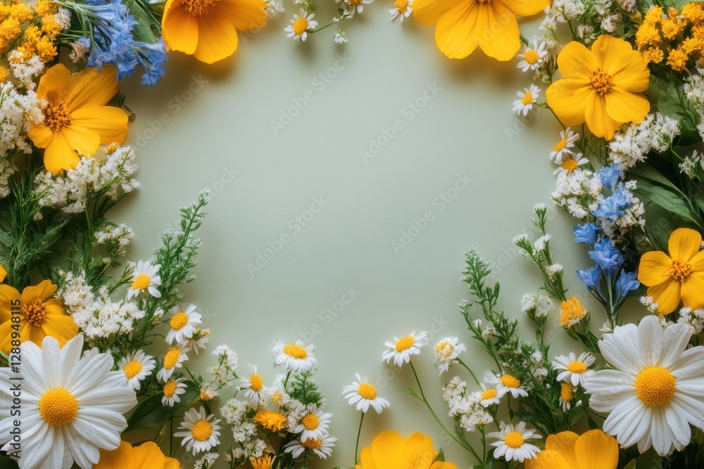 Obraz premium Vibrant floral arrangement featuring daisies and yellow flowers on a light green background in a decorative design suitable for celebrations or events