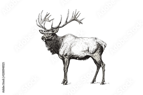 Antique style elk illustration, black sketch effect, trendy wildlife print design, large animal vector, hand-drawn, vintage art, forest animal, elk