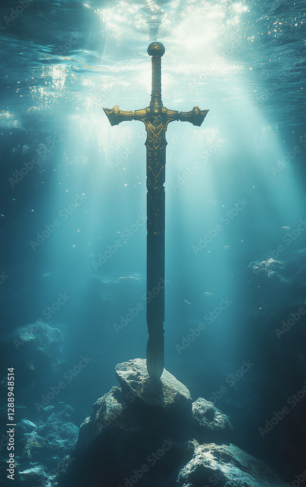 Naklejka premium Underwater Viking artefacts discovered during a dive, sword, Viking history, and underwater exploration