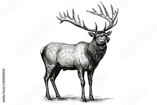 Hand-drawn elk in black sketch effect, trendy vintage wildlife art, forest animal, antique style print, vector, large animal illustration, elk art