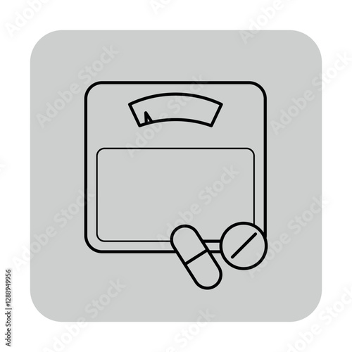 Line icon of weighing scale with two pills beside it. Relationship between weight and medication management concept