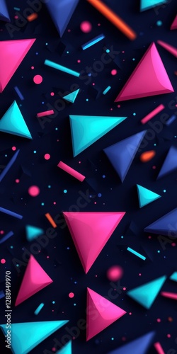 A dynamic composition of glossy pink  teal  and blue triangles  lines  and dots against a dark background